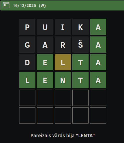 Risinājums no Vardulis.lv

16/12/2025 (W)
PUIKA
GARŠA
DELTA
LENTA
Pareizais vārds bija "LENTA"