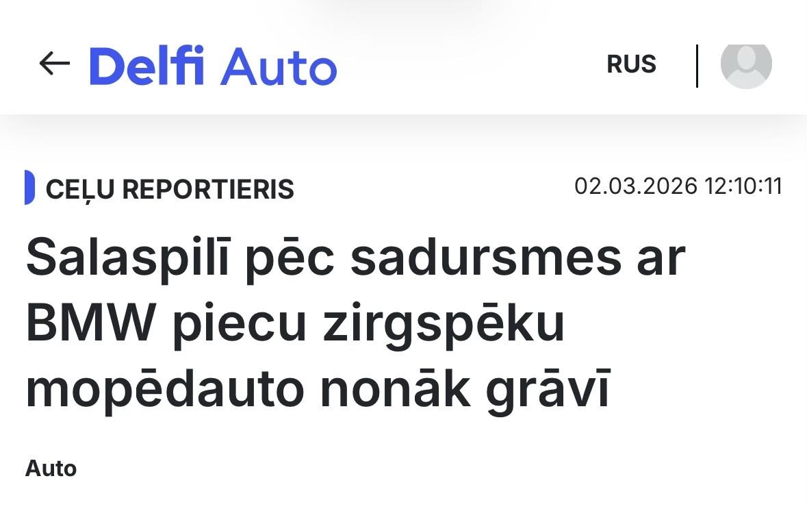 Ziņu virsraksts: “Salaspilī pēc sadursmes ar BMW piecu zirgspēku mopēdauto nonāk grāvī”