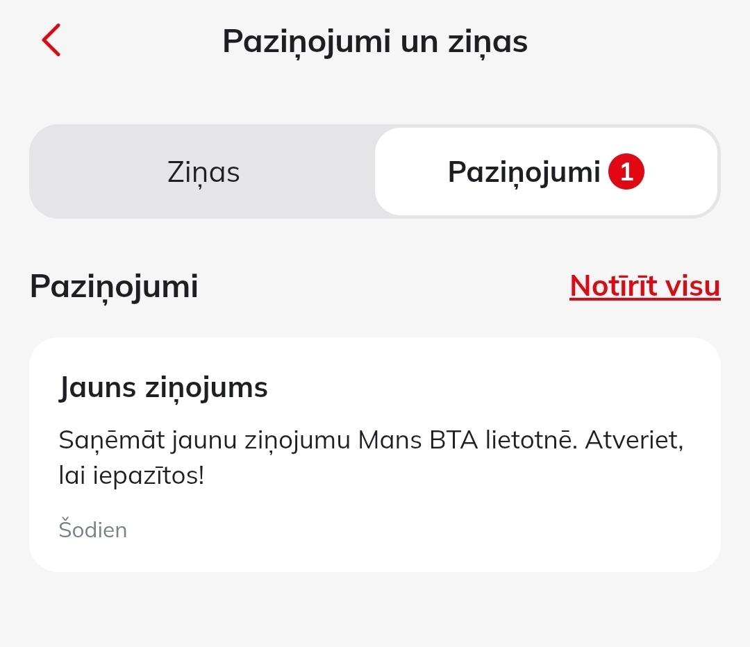 BTA lietotnes ekrānšāviņš ar paziņojumu sadaļu un paziņojumu par ziņojuma saņemšanu.